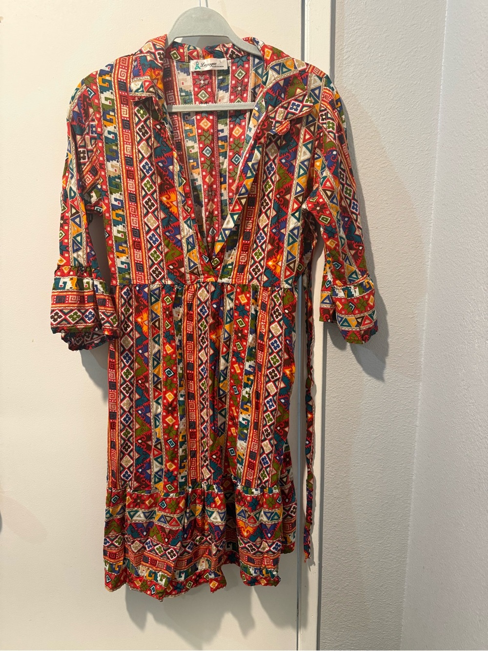 Printed V-Neck Tie-Waist Midi Dress in Red Multicolor